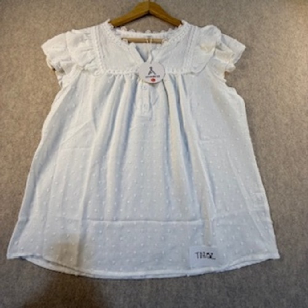Anrabess White Swiss Dot‎ Crochet Lace Trim Cap Sleeve Blouse Top Large NWT
